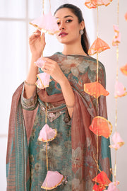 Pure Shimmer Jacquard Silk Cyan Digital Print Straight Cut Salwar Suit